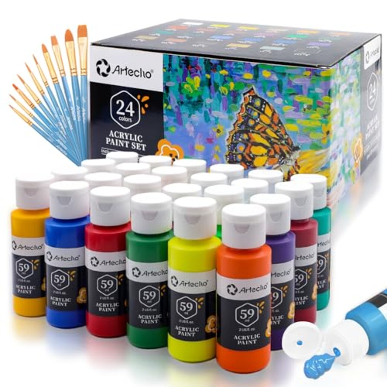 Artecho Acrylic Paint Set 24 Colors 2oz/59ml with 10 Paintbrushes, Art  Craft Paint for Art Supplies, Paint for Canvas, Rocks, Wood, Fabric, Non  Toxic Paint for Artists, Students, Beginners and Adults